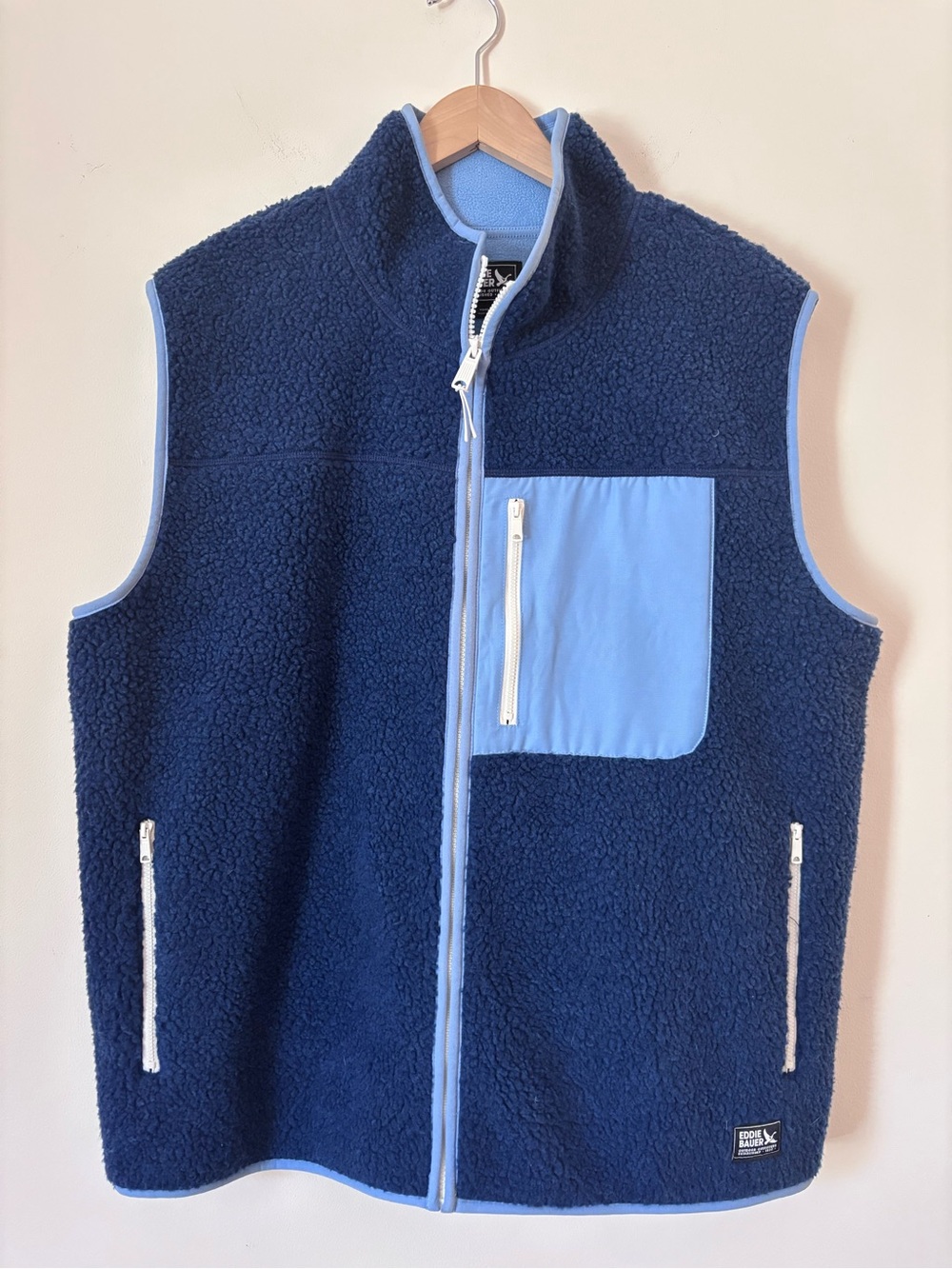 Eddie Bauer Navy Sherpa Fleece Vest with Light Blue Pocket